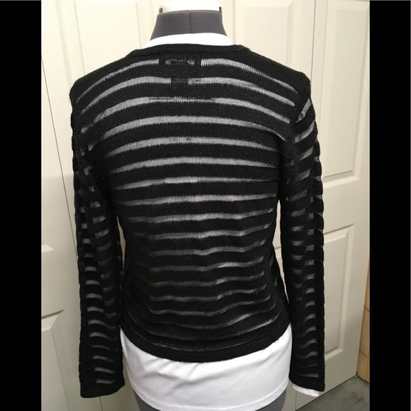 Black sheer striped cardigan sweater. - Picture 2 of 6